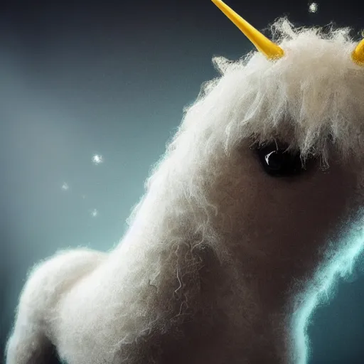 Image similar to full body pose, hyperrealistic photograph of a cute wooly unicorn, dim volumetric lighting, 8 k, octane beautifully detailed render, extremely hyper detailed, intricate, epic composition, cinematic lighting, masterpiece, trending on artstation, very very detailed, stunning, hdr, smooth, sharp focus, high resolution, award, winning photo, dslr, 5 0 mm