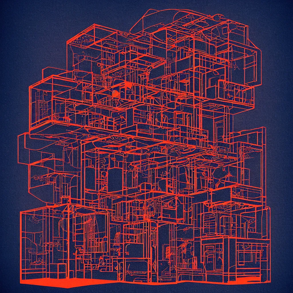 Image similar to time machine blueprint by, mads berg, karolis strautniekas, film noir, stippled light, dramatic lighting, editorial illustration, detailed, fine texture, matte print, art deco, brutalism, dark blue + dark orange, red, black, ( ( habitat 6 7 background ) )