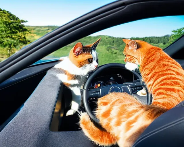 Image similar to top view of cabriolet with open roof, cat sitting in driver seat with paws resting on steering wheel, golden hour