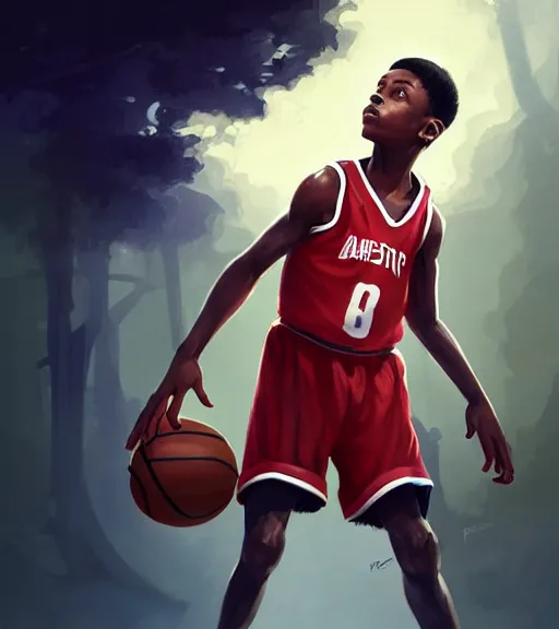 Image similar to portrait of a boy at a basketball court playing basketball wearing a basketball uniform in a basketball court, intense emotion, intricate, elegant, highly detailed, centered, digital painting, artstation, concept art, smooth, sharp focus, illustration, by Peter Mohrbacher, WLOP