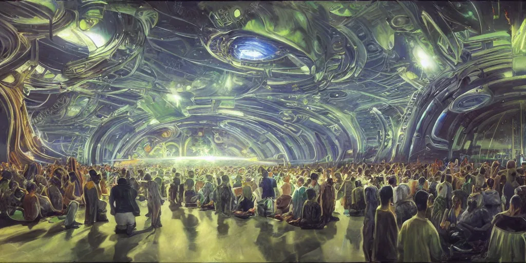 Prompt: aliens praying in a futuristic church, concept art by Peter Lloyd, oil on canvas, highly detailed, science fiction