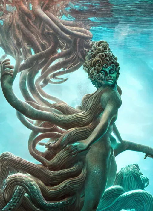 Prompt: confluence of aquatic wild life, medusa statue underwater. magical, epic, particles, compute shader, underwater, fantasy, painting, detailed, paid artwork, portfolio, epic lighting