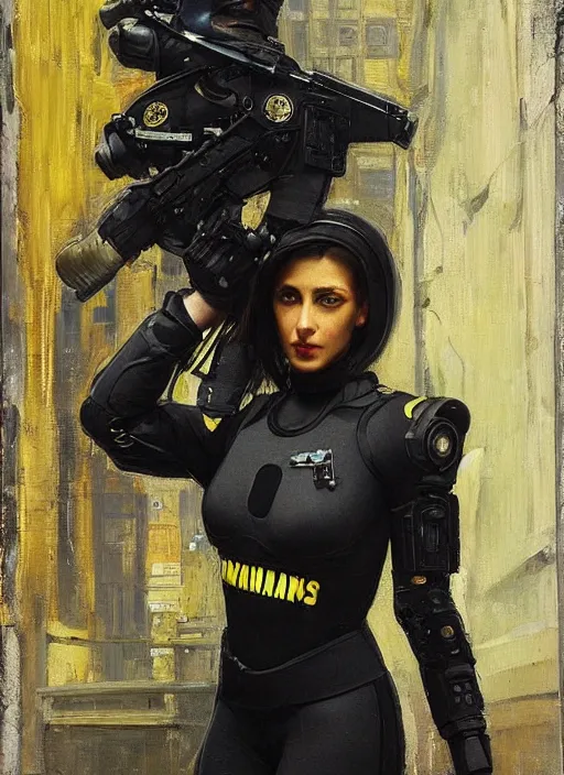 Image similar to Sophia Anders. beautiful cyberpunk female USN marine wearing a military vest and a black and yellow tactical jumpsuit (cyberpunk 2077, bladerunner 2049). gorgeous face. Iranian orientalist portrait by john william waterhouse and Edwin Longsden Long and Theodore Ralli and Nasreddine Dinet, oil on canvas. Cinematic, hyper realism, realistic proportions, dramatic lighting, high detail 4k
