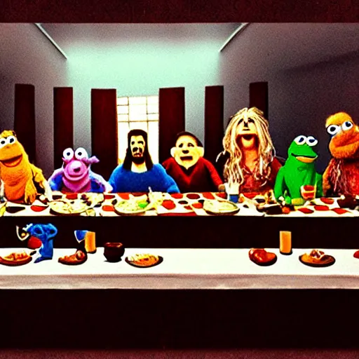 Image similar to the last supper but with Muppets