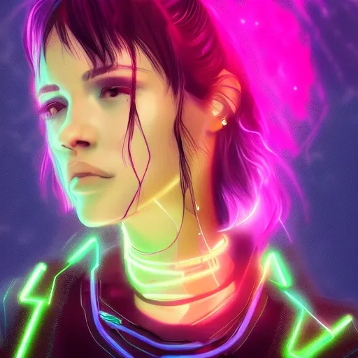 Prompt: headshot artwork of cyberpunk woman wearing thick steel choker, realistic, artstation, neon,