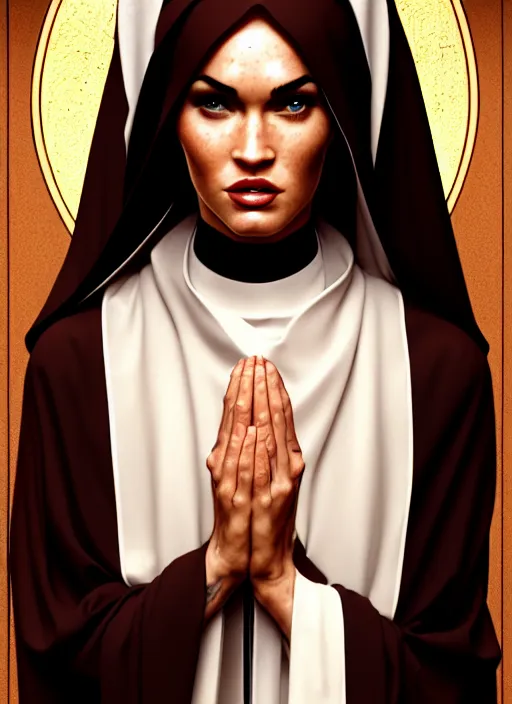 Image similar to portrait of megan fox as a nun praying, catholic, church, bible, christian, intricate, headshot, highly detailed, digital painting, artstation, concept art, sharp focus, cinematic lighting, illustration, art by artgerm and greg rutkowski, alphonse mucha, cgsociety