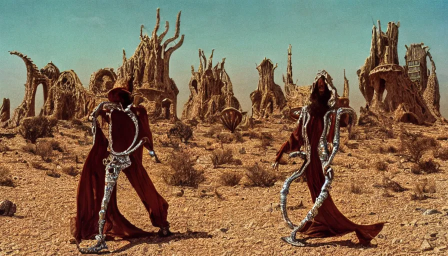 Prompt: levitating salvador dali dressed in jewels costume in a dry rocky desert landscape, alien city ruins designed by giger, giant abandoned alien city by christopher doyle and alejandro jodorowsky, anamorphic lens, kodakchrome, cinematic composition, very detailed photo, 8 k