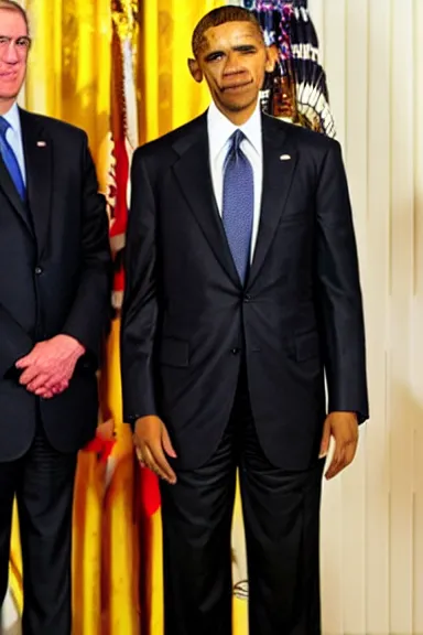 Prompt: a photo taken with the flash on of Obama standing ominously in the corner of the room