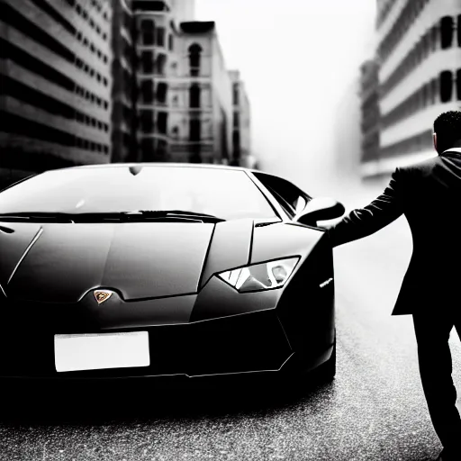 Image similar to black and white press photograph of a tired man, man in a black suit, pushing a lamborghini that is out of gas on a busy city street, sideview, detailed, natural light, mist, film grain, soft vignette, sigma 5 0 mm f / 1. 4 1 / 1 0 sec shutter, imax 7 0 mm footage