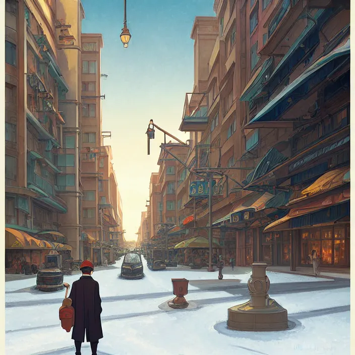 Image similar to empty florida big city, winter, in the style of studio ghibli, j. c. leyendecker, greg rutkowski, artem