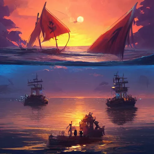 Image similar to two large pirates ship floating on top of a body of water at sunset, fighting each other, pirates flag , cgsociety, fantasy art, 2d game art, concept art , ambient occlusion, bokeh, behance hd , concept art by Jesper Ejsing, by RHADS, Makoto Shinkai Cyril Rolando