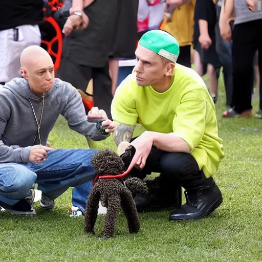 Image similar to Eminem and a dog plays with Lego at Central park