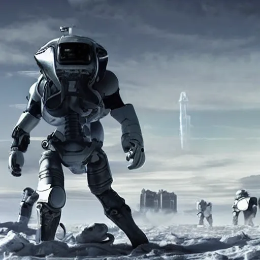 Image similar to photograph of an stern old man wearing futuristic gray heavy exosuit armor with navy blue detailing holding a white plastoid shield in his left hand and a blaster in his right hand. in the background there is a scifi battle taking place with trenches and force - field generator trucks and laser machineguns on a rolling green plains with snowcapped mountains in the distance. science fiction.