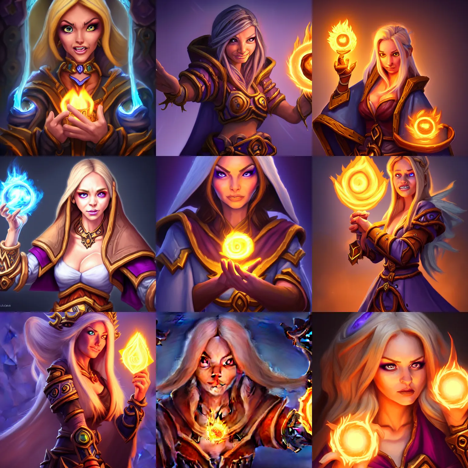 Image similar to Hearthstone official professional art, with realistic beautiful face & eyes. A sorceress, wearing a robe casting a fire ball. Insanely coherent and well drawned physical body parts (face, arms, legs, hair, eyes). Full body, sharp focus, 8k high definition, insanely detailed, intricate, elegant, smooth, sharp focus, illustration, ArtStation