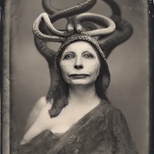 Image similar to a wet plate photo of a boa constrictor!!!! snake!!!!!!!!!!!!! wearing a tiny jester hat : : 5 h 7 6 0