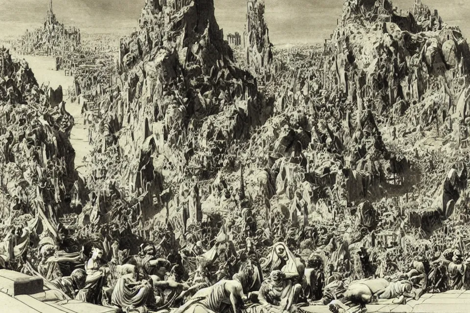 Image similar to artwork by Franklin Booth showing the fall of the city of Babylon