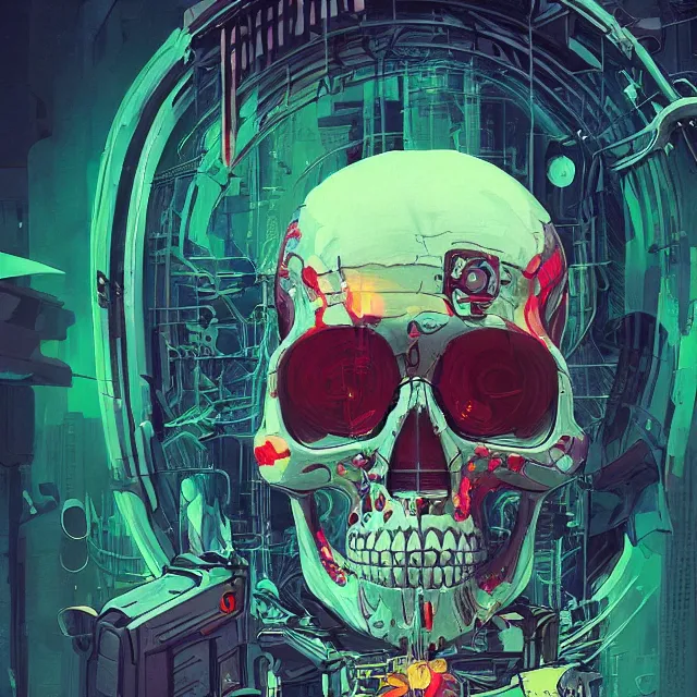 Image similar to a beautiful painting of a ( ( cyberpunk ) ) skull by simon stalenhag and pascal blanche and alphonse mucha! and nekro!. in style of digital art. colorful comic, film noir, symmetry, hyper detailed. octane render. trending on artstation