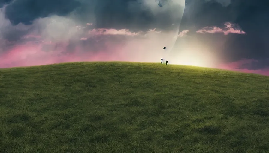 Prompt: people watching solar eclipse, grassy rolling hills, single tree, dramatic pink clouds, blue sky, jessica rossier, art station