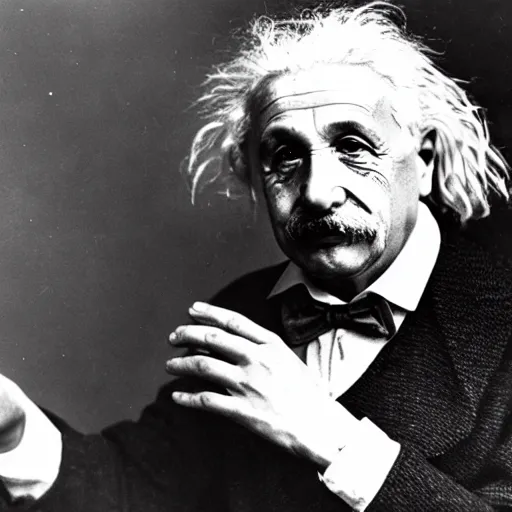 Image similar to photo of einstein wearing two gold chains and making gang signs with his hands