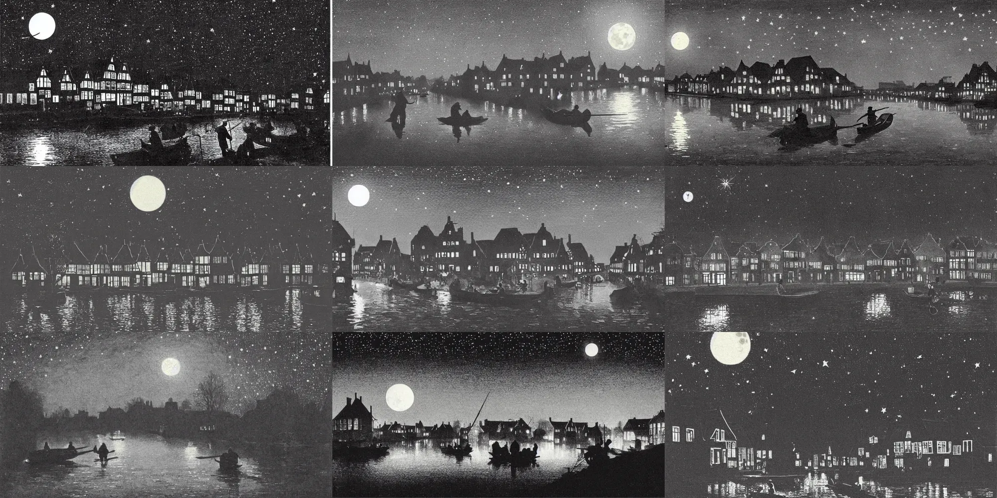 Prompt: Dutch houses along a river, silhouette!!!, Circular white full moon, black sky with stars, lit windows, stars in the sky, b&w!, Reflections on the river, a man is punting, flat!!, Front profile!!!!, street lanterns, 1904, Style of Frank Weston, illustration,luminance