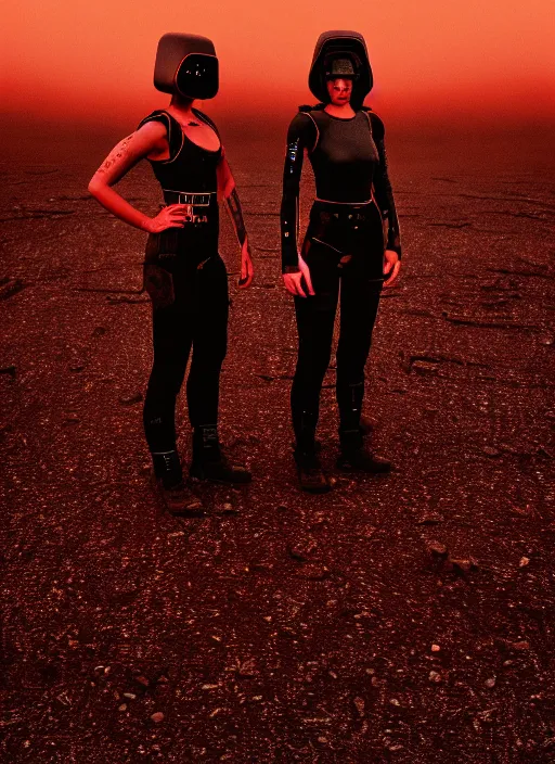 Image similar to cinestill 5 0 d photographic portrait of two loving female androids wearing rugged black techwear on a desolate plain with a red sky, extreme closeup, lizard on ground, cyberpunk style, in front of a brutalist dark metal facility, dust storm, 8 k, hd, high resolution, 3 5 mm, f / 3 2