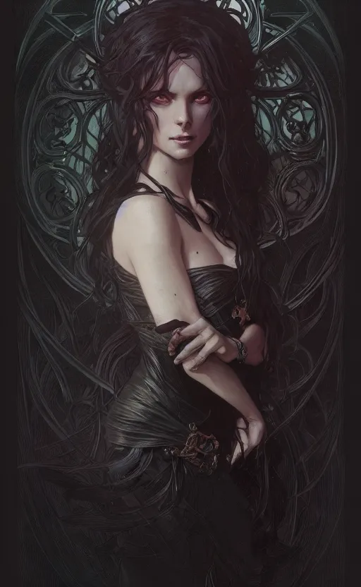 Image similar to a dark witch, black filaments, shadows, fantasy, d & d, intricate, highly detailed, digital painting, artstation, concept art, sharp focus, cinematic lighting, illustration, art by artgerm and greg rutkowski, alphonse mucha, cgsociety