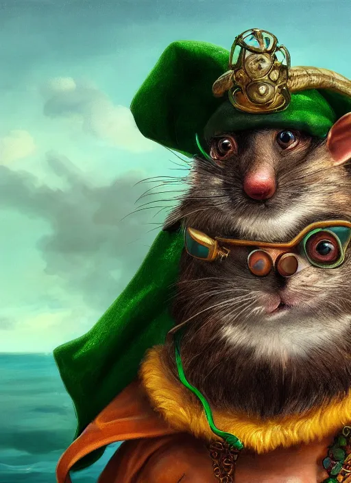 Image similar to oilpainting of an anthropomorphic rat with beard and human eyes, wearing jewelry, tricorne hat, green robe, d & d, digital art, detailed face, highly detailed, trending on artstation, 4 k, sea in the background