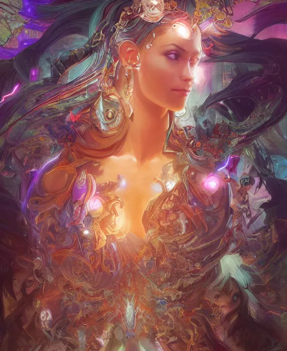 Image similar to a whirlwind of souls rushing inside the metaverse, half body, glowin eyes, tiara with sapphire, pharaoh, android, cyberpunk, d & d, fantasy, intricate, elegant, highly detailed, colorful, vivid color, digital painting, artstation, concept art, art by artgerm and greg rutkowski and alphonse mucha and ruan jia