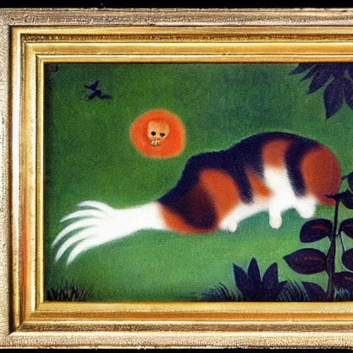 Image similar to calico cat in the style of henri rousseau