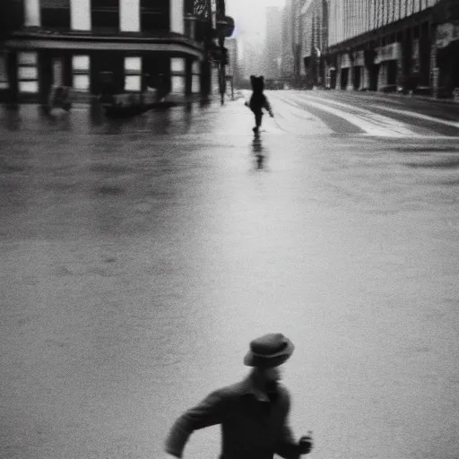 Image similar to a photograph of a man running down the street wearing a hat on a rainy day on expired kodak film, 3 5 mm