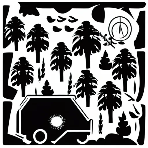 Prompt: vector of caravan night camping in the jungle, black silhouette, white background