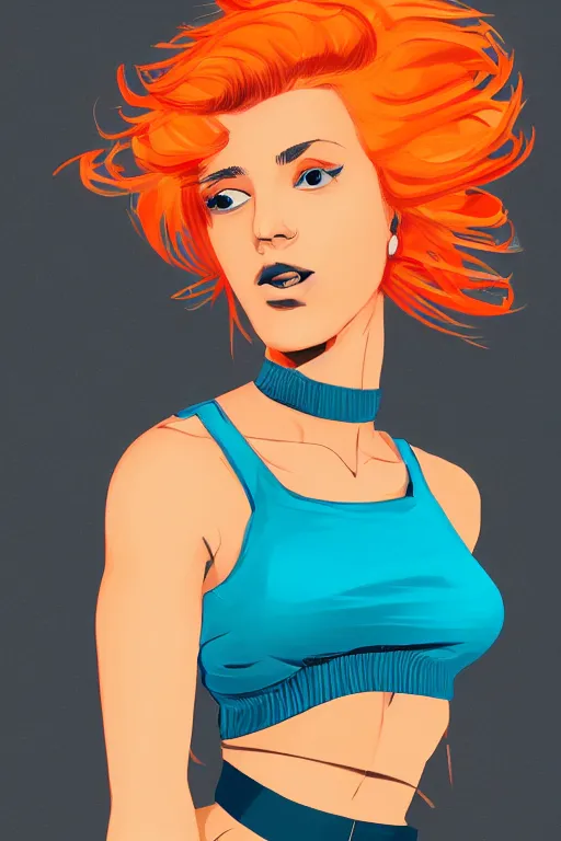 Image similar to a award winning half body portrait of a beautiful caucasian woman in a croptop and cargo pants with ombre orange blue teal hairstyle with head in motion and hair flying by will eisner, outrun, vaporware, digital art, trending on artstation, highly detailed, fine detail, intricate