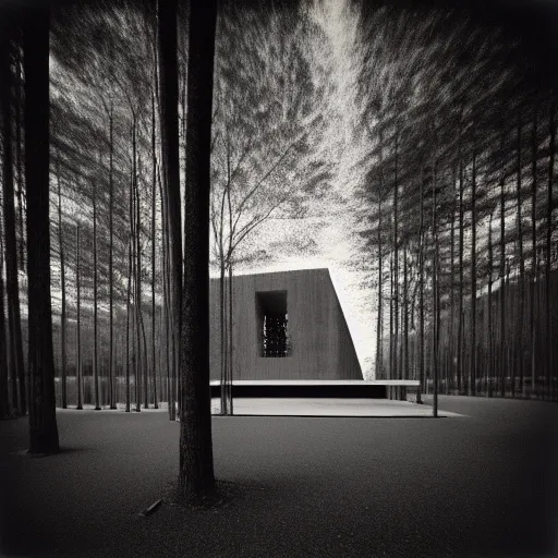 Prompt: modern church by tadao ando in the tropical wood, mystic, melancholy, pinhole analogue photo quality, lomography, scratches on photo, monochrome