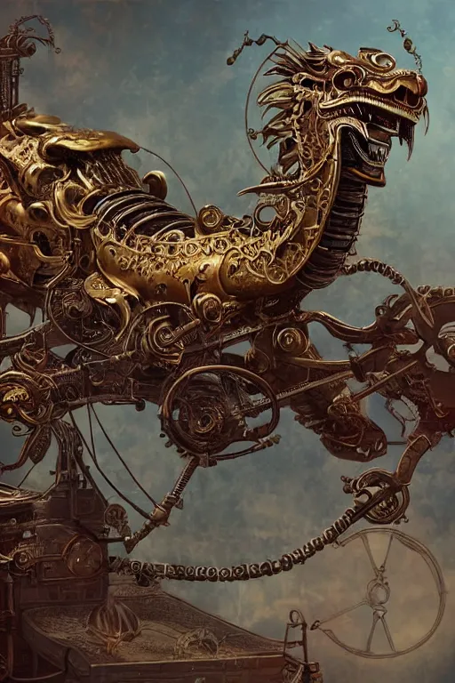 Prompt: illustration, old sick gold and crimsoned scaled asian style dragon on a steam punk plank of machinery with wires and gears and steam punk apparatus, matte painting, style of studio ghibli, concept art, featured in artstation and artgerm and pixiv, award winning, cinematic, 8 k