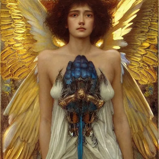 Prompt: epic masterpiece full body portrait a beautiful female angel, flawless skin, perfect body, perfectly formed wings, by Edgar Maxence and Ross Tran and Michael Whelan