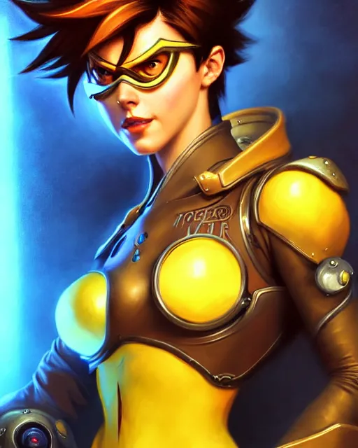 Image similar to tracer from overwatch, fantasy, fantasy art, character portrait, portrait, close up, highly detailed, intricate detail, amazing detail, sharp focus, vintage fantasy art, vintage sci - fi art, radiant light, caustics, by boris vallejo