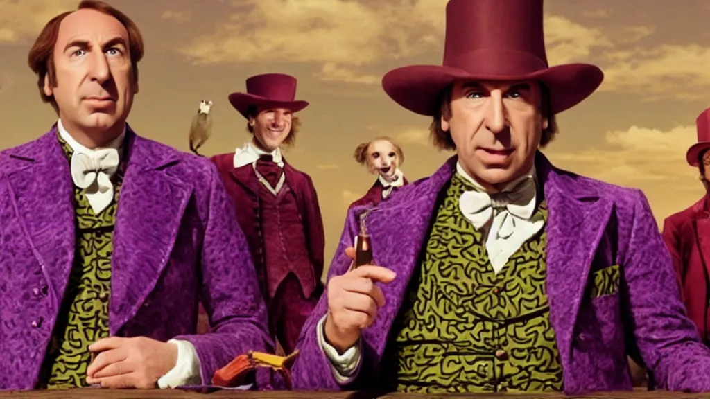 Image similar to saul goodman as Willy Wonka, film still from the movie directed by Denis Villeneuve with art direction by Salvador Dalí, wide lens