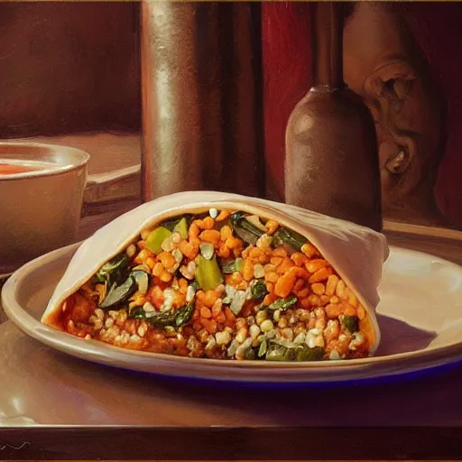 Image similar to The worlds most delicious burrito, 5 star food, tasty, yummy, detailed, centered, digital painting, artstation, concept art, donato giancola, Joseph Christian Leyendecker, WLOP, Boris Vallejo, Breathtaking, 8k resolution, extremely detailed, beautiful, establishing shot, artistic, hyperrealistic, beautiful face, octane render, cinematic lighting, dramatic lighting, masterpiece