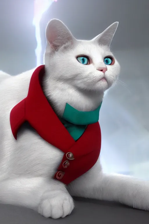 Image similar to a white cat with blue eyes wearing a red and green formal overcoat, hyperrealistic, concept art, octane render, unreal engine 5, realistic and defined face, profile picture, digital art, pixar and disney style, symmetrical, high quality, highly detailed, high coherence, path traced, house background, low contrast, beautiful