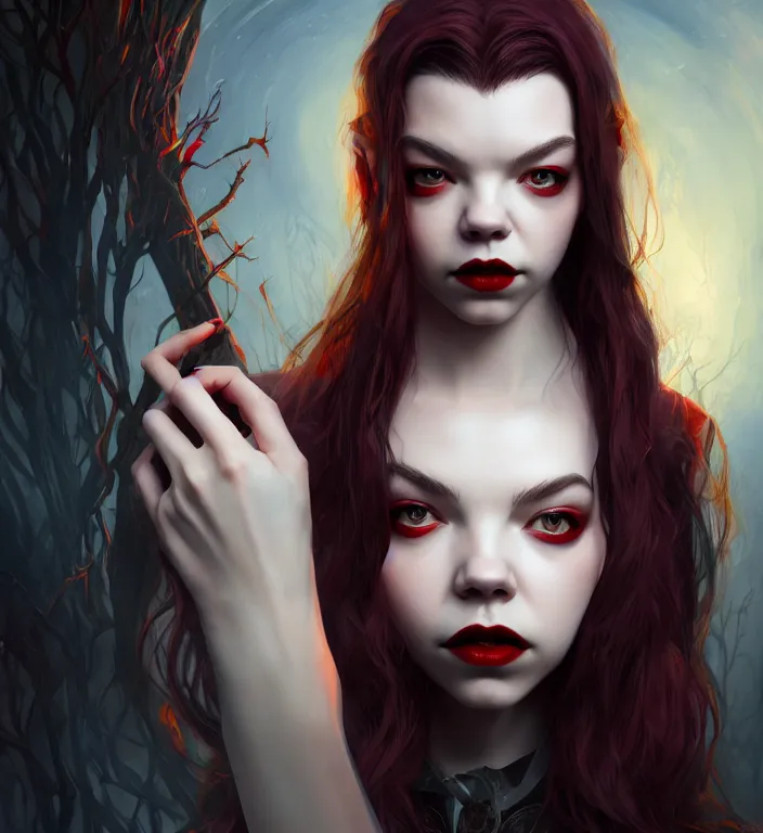 Image similar to anya taylor - joy vampire queen, hyper detailed, digital art, trending in artstation, cinematic lighting, studio quality, smooth render, artgerm, joshua middleton, rafael albuquerque, unreal engine 5 rendered, octane rendered, art style by klimt and nixeu and ian sprigger and wlop and krenz cushart