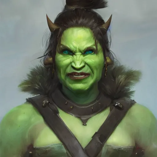 Image similar to a full bodied character portrait of a green orc warrior woman in full plate armor bald with a ponytail, by greg rutkowski, wlop, astri lohne, wei wang, trending on artstation