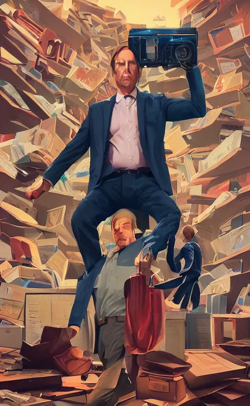 Image similar to saul goodman, poster of better call saul, perfect pose, vintage, matte painting, illustration,, by rhads, by greg rutkowski, by greg tocchini, by james gilleard, by joe fenton