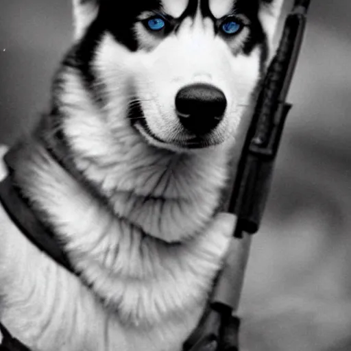 Image similar to close up of a husky wearing soldier helmet in the battle, ww 2 historical photography, black & white