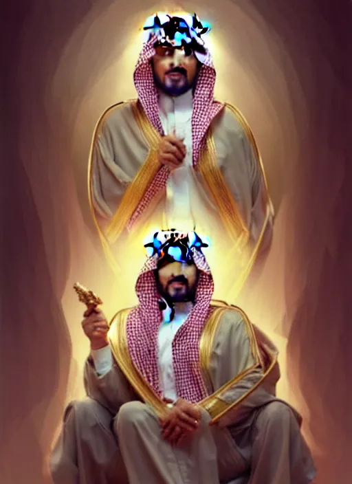 Image similar to king of saudi arabia playing video games, intricate, elegant, highly detailed, my rendition, digital painting, artstation, concept art, smooth, sharp focus, art by artgerm and greg rutkowski and alphonse mucha and uang guangjian and gil elvgren and sachin teng, symmetry!!