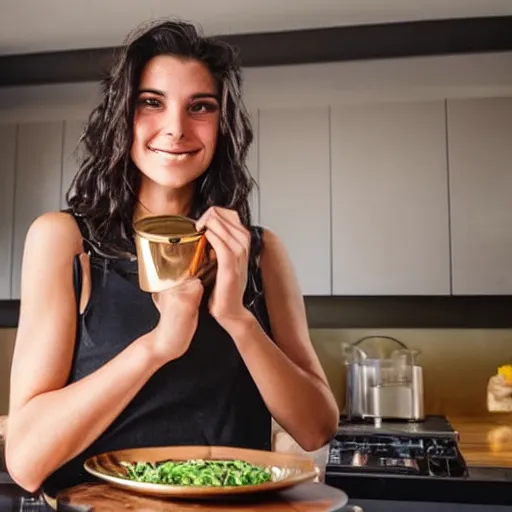 Image similar to a candid portrait of a brunette female, young, athletic, australian, pixellated face, wearing a gold tshirt in a kitchen, closeup