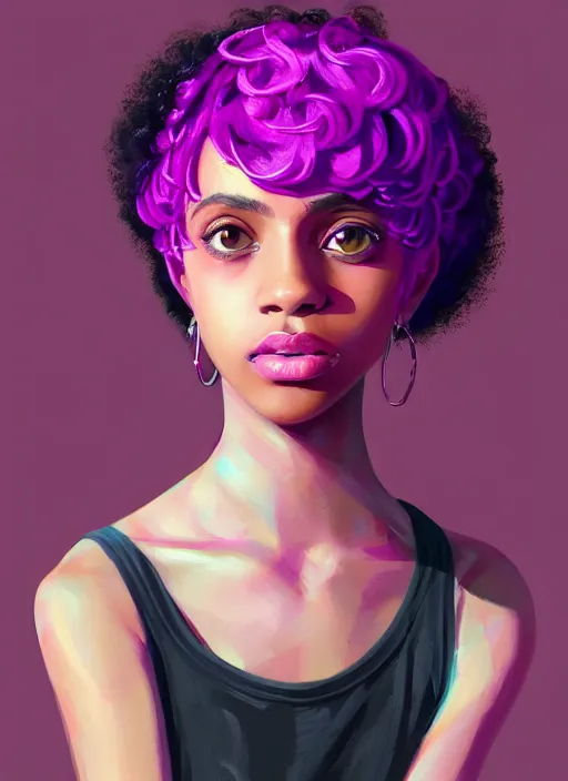 Image similar to portrait of teenage vanessa morgan with bright pink hair, black girl, curly pixie cut hair, wearing a purple breton cap, breton cap, hoop earrings, intricate, elegant, glowing lights, highly detailed, digital painting, artstation, concept art, smooth, sharp focus, illustration, art by wlop, mars ravelo and greg rutkowski