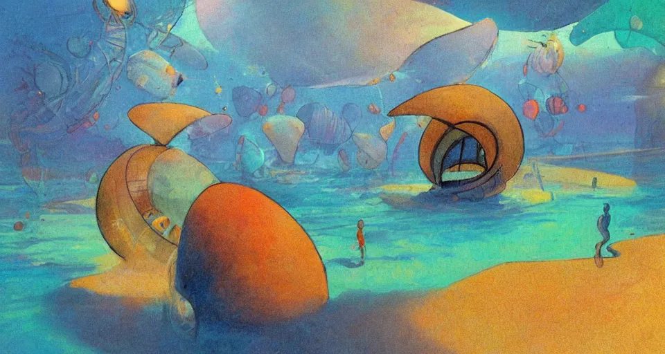 Image similar to i live in a seashell, concept art by bill sienkiwicz and john harris, triadic color scheme