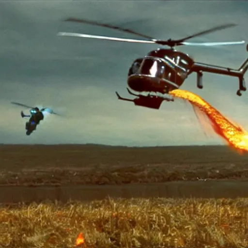 Image similar to macaroni and cheese monster attacking a helicopter. Still from a big budget action movie.