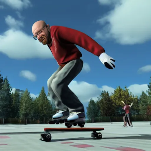 Prompt: walter white skating in Skater XL, gameplay screenshot, 4k, game atmosphere