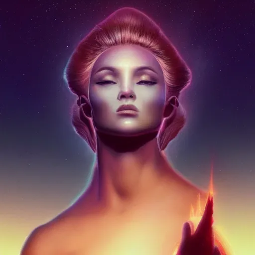 Prompt: celestial goddess portrait, legendary epic shot, philosophical fiction, low angle, dawn, by artgerm, julie bell, beeple and Greg Rutkowski, airbrush, science fantasy, 90s, concept art, matte painting, Smooth gradients, octane render, 8k, High contrast, duo tone, depth of field, volumetric lightning, very coherent artwork